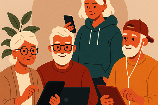 Illustrative Darstellung von vier Senioren, die am Handy, Tablet oder Laptop sitzen und die Geräte benutzen.