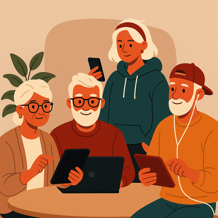 Illustrative Darstellung von vier Senioren, die am Handy, Tablet oder Laptop sitzen und die Geräte benutzen.