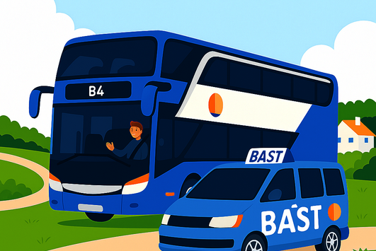 Ein Stockbus und ein BAST-Sammeltaxi sind in einer illustrativen Darstellung zu sehen. 