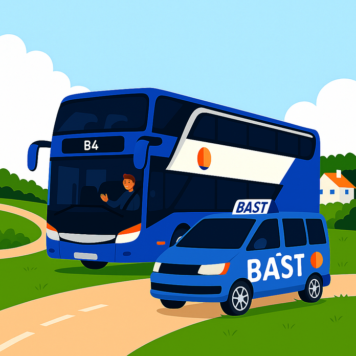 Ein Stockbus und ein BAST-Sammeltaxi sind in einer illustrativen Darstellung zu sehen. 