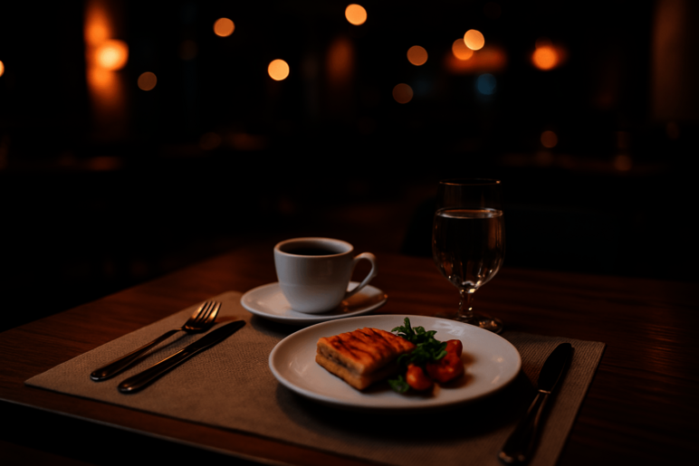 Ein gedeckter Tisch mit einer Tasse Kaffee, einem Glas Wasser und einem Teller mit Speisen. Im Hintergrund gedämpftes Licht.
