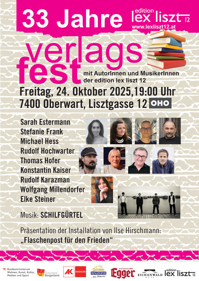 Plakat, auf dem das Programm vom Verlagsfest abgedruckt ist.